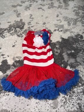 PAWPATU Red & White Striped Dress with Navy Flower
